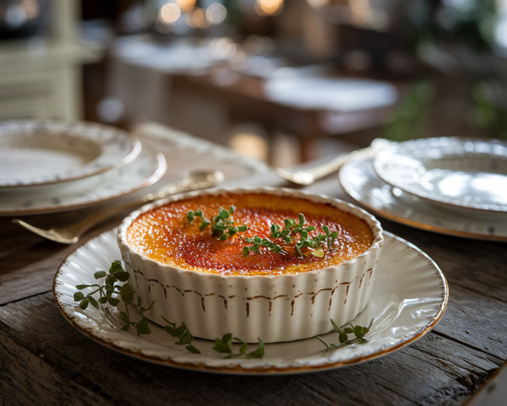 Elegant crab brulee in a ramekin topped with golden caramelized crust and fresh herbs