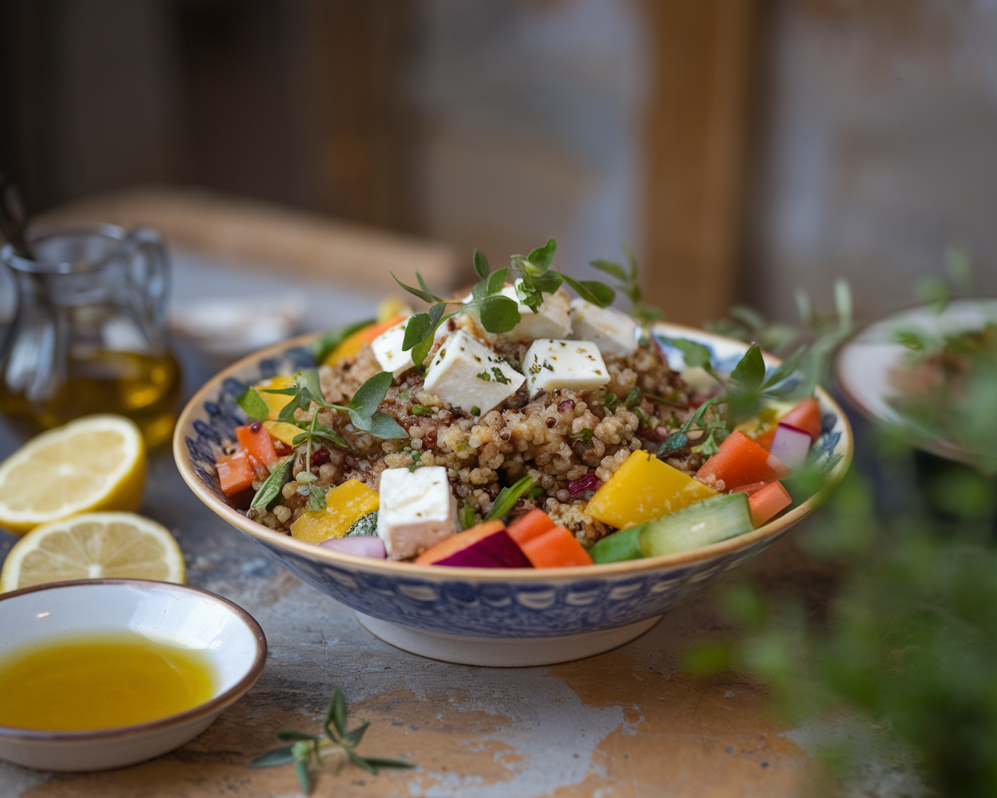 Mediterranean Quinoa Rice Bowl A quinoa rice bowl with cucumbers, tomatoes, olives, and feta cheese.