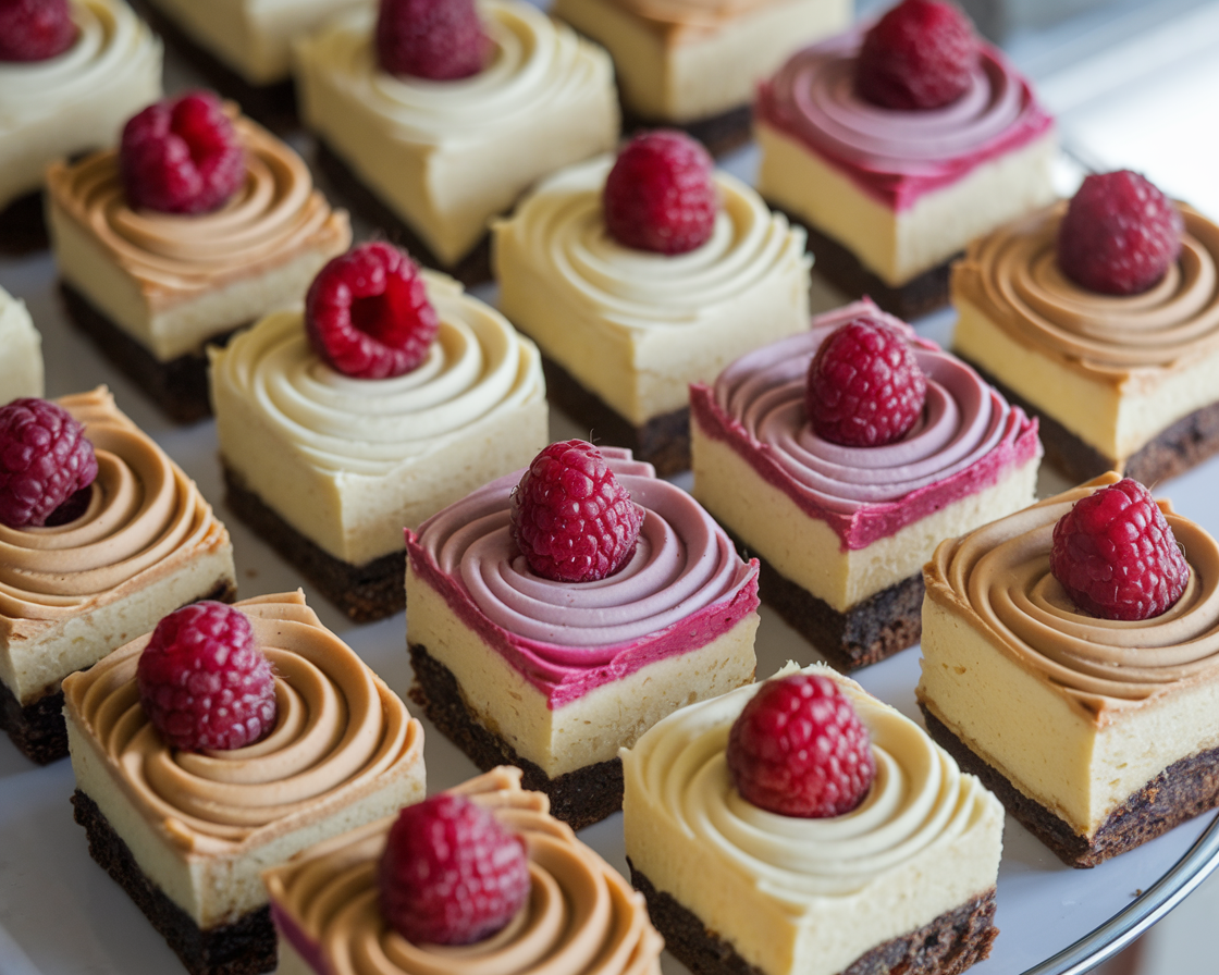Mini Cheesecake Brownie Bites Mini cheesecake brownie bites with raspberry, peanut butter, and caramel swirls arranged on a decorative platter.