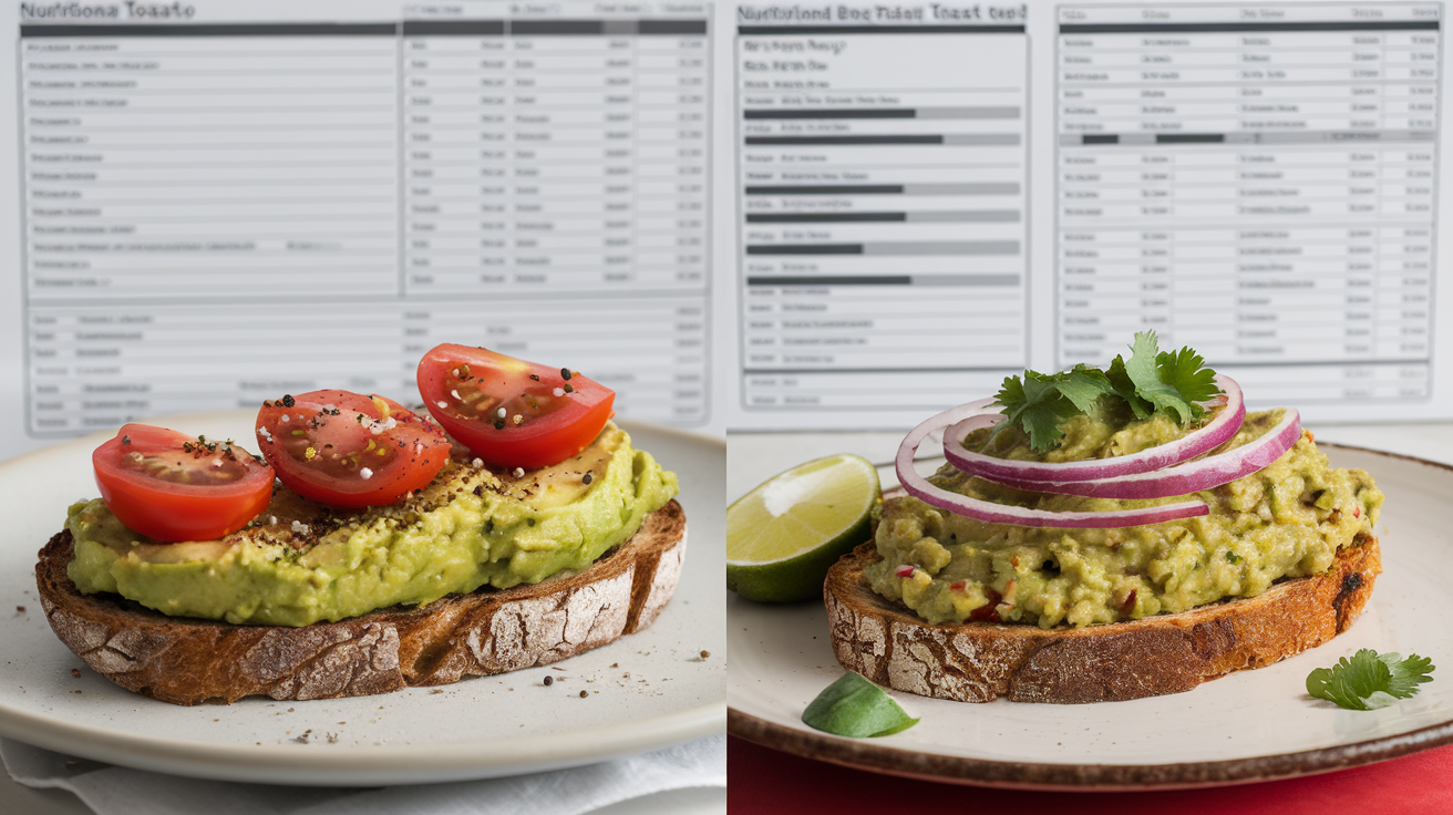 Nutritional Showdown: Avocado Toast vs. Guacamole Toast Avocado toast and guacamole toast side by side with a nutritional