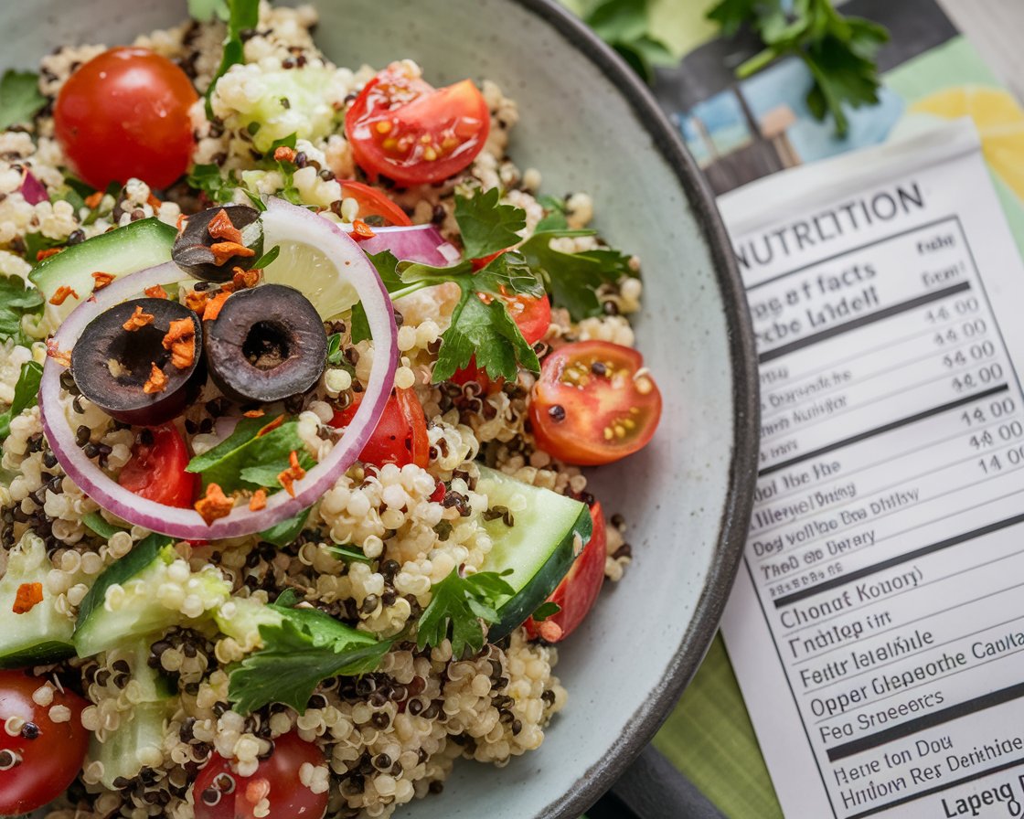 Nutritional Quinoa Salad A quinoa salad with vegetables and nuts next to a nutrition facts label