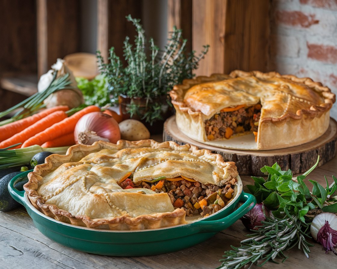 Nutritional and Cultural Insights – Cottage Pie vs Shepherd's Pie Shepherd’s pie and cottage pie on a rustic table with fresh vegetables