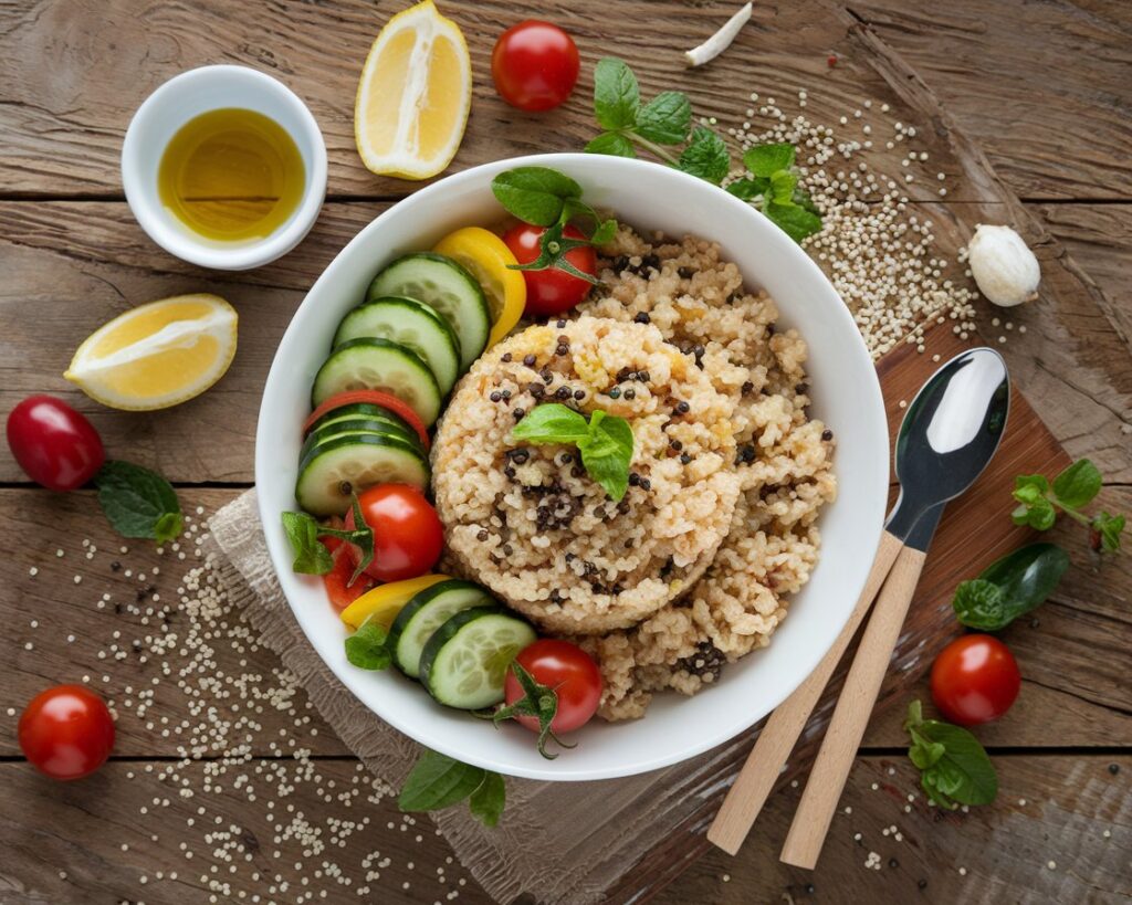 A bowl of quinoa rice garnished with fresh vegetables and herbs on a rustic wooden table.
