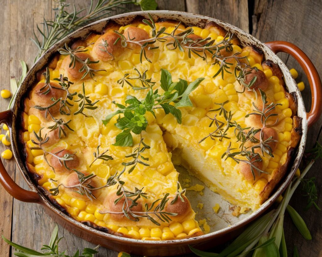 Golden-brown Paula Deen corn casserole with a creamy interior, served in a rustic dish on a wooden table.