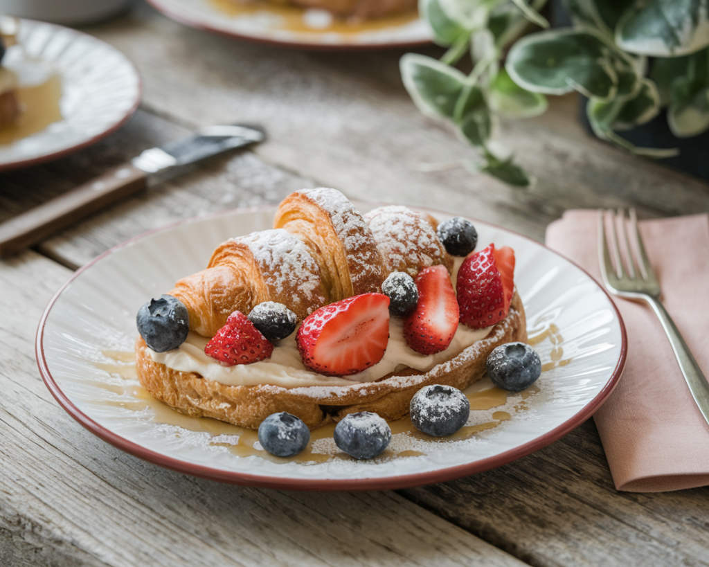 Croissant toast served with fresh berries, powdered sugar, and honey on a rustic wooden table.