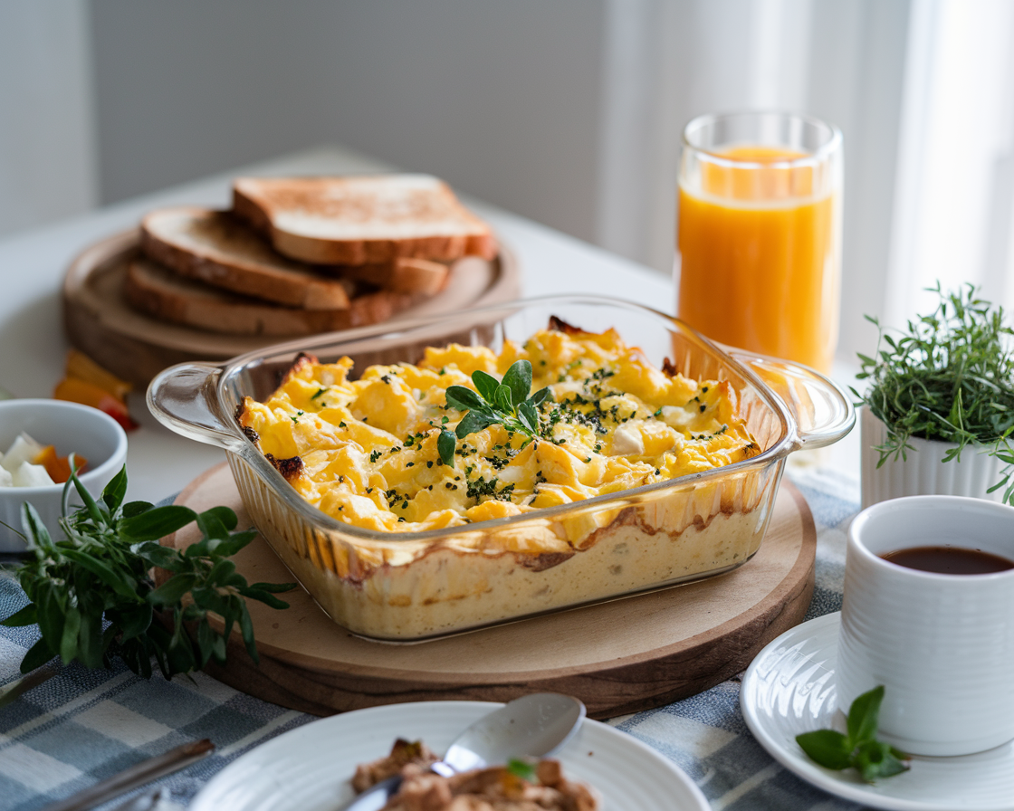 A casserole of perfectly baked scrambled eggs, golden and fluffy, with toast and herbs on the side