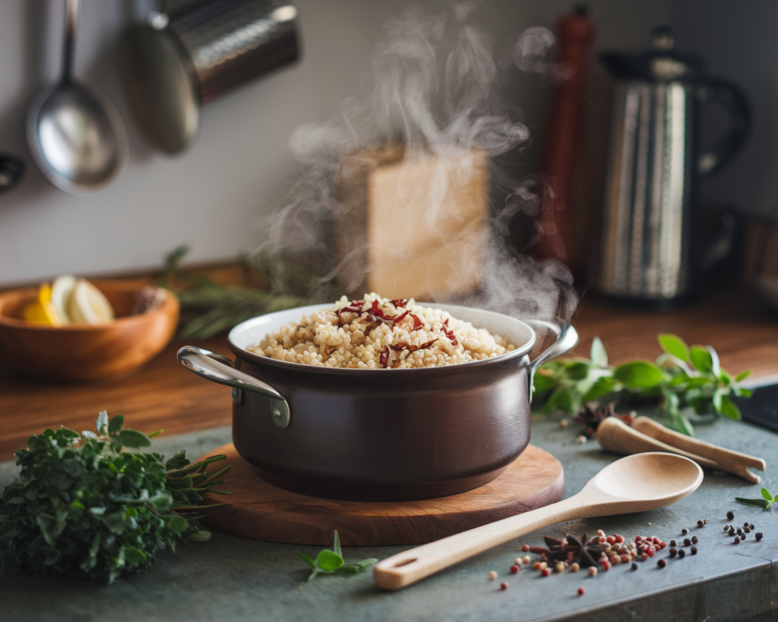 Perfectly Cooked Quinoa Rice A pot of fluffy quinoa rice, freshly cooked with steam rising.