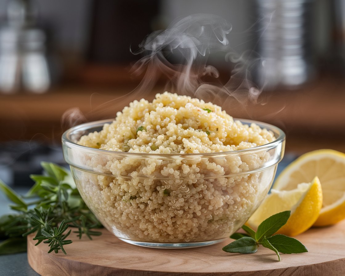 Perfectly Cooked Quinoa for Salads A bowl of light, fluffy quinoa prepared for a quinoa tri-color salad.