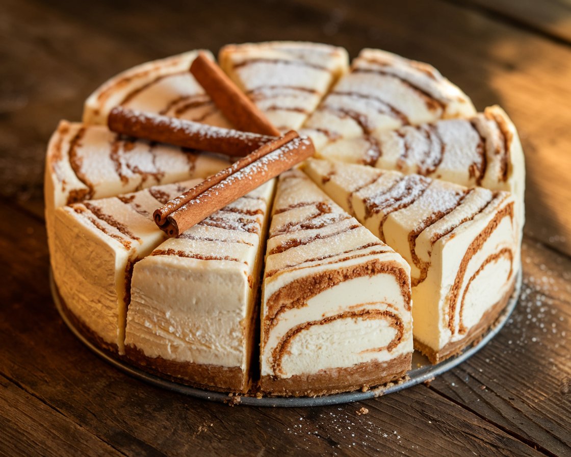 Sliced cinnamon roll cheesecake on a rustic table with creamy layers and cinnamon swirl, garnished with cinnamon sticks and powdered sugar.