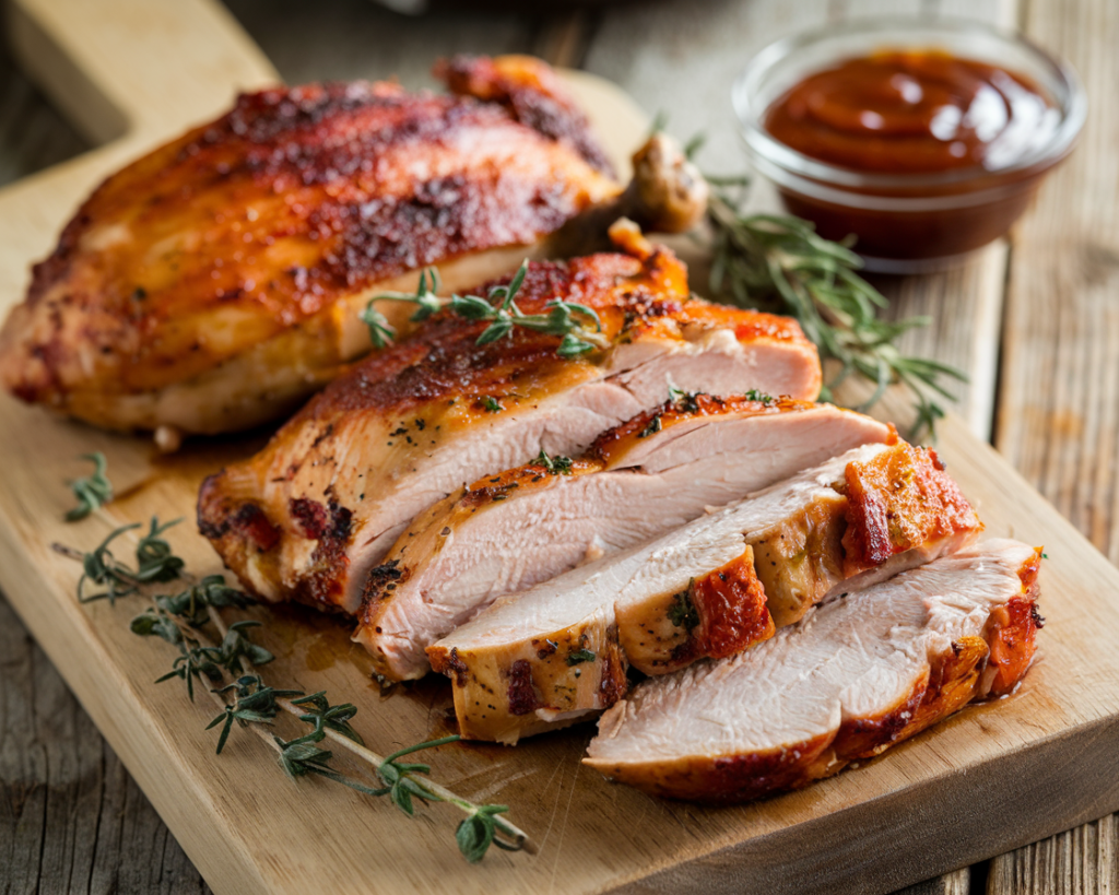 Golden-brown smoked chicken breasts sliced on a wooden cutting board, garnished with herbs and barbecue sauce.