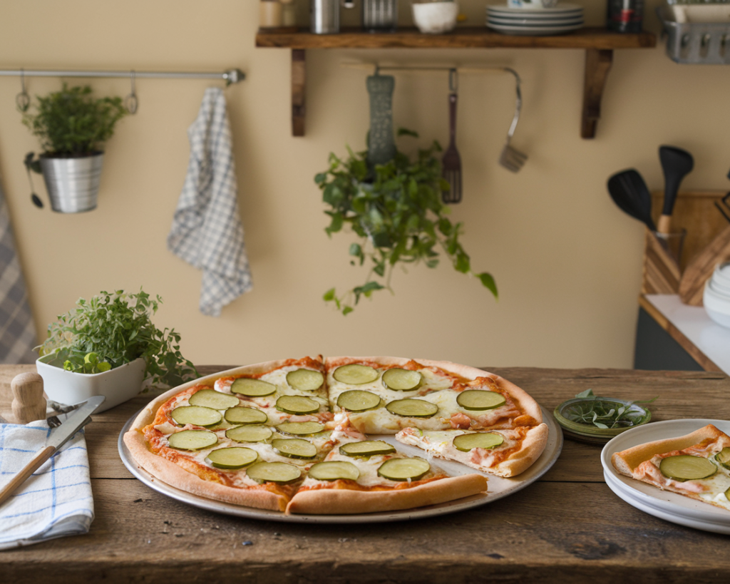 A close-up of a pickle pizza topped with sliced dill pickles, melted cheese, and a golden crust, perfect for exploring its unique flavor