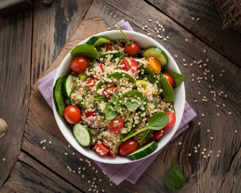 Healthy quinoa salad with fresh vegetables and lemon for weight loss.