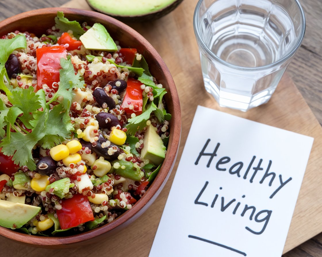 Quinoa Salad and Healthy Living A quinoa salad in a wooden bowl next to a 'healthy living' note.