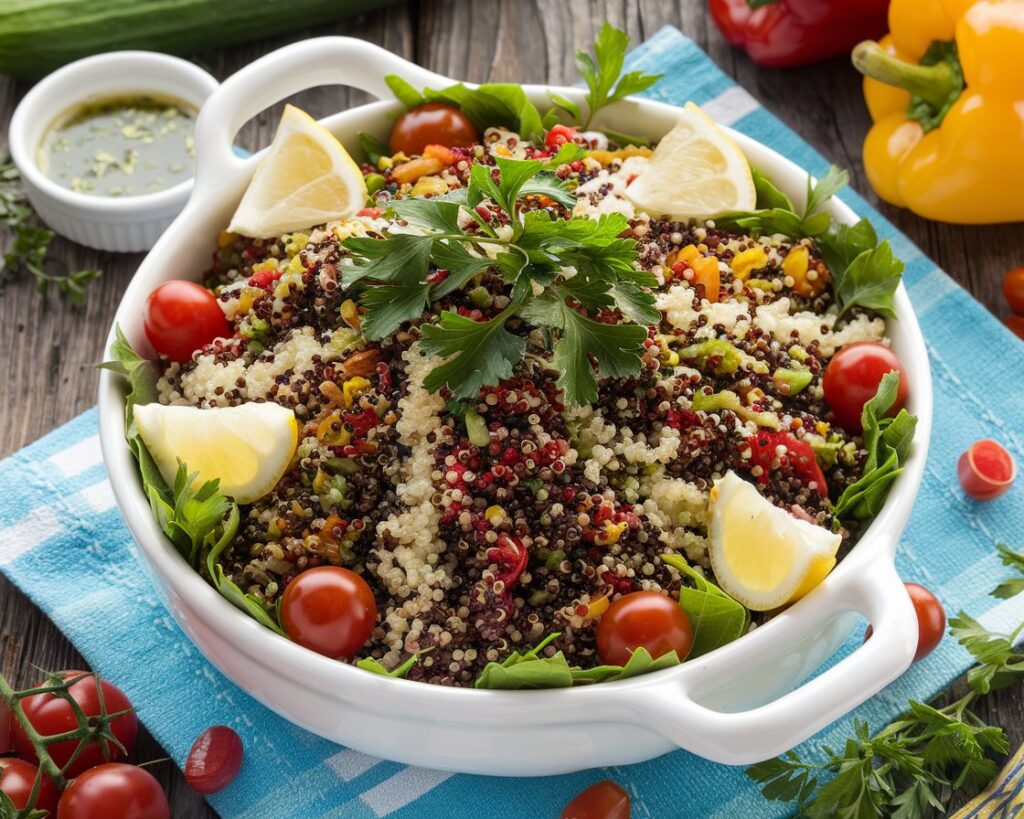 A vibrant quinoa tri-color salad with red, white, and black quinoa, garnished with parsley and lemon wedges