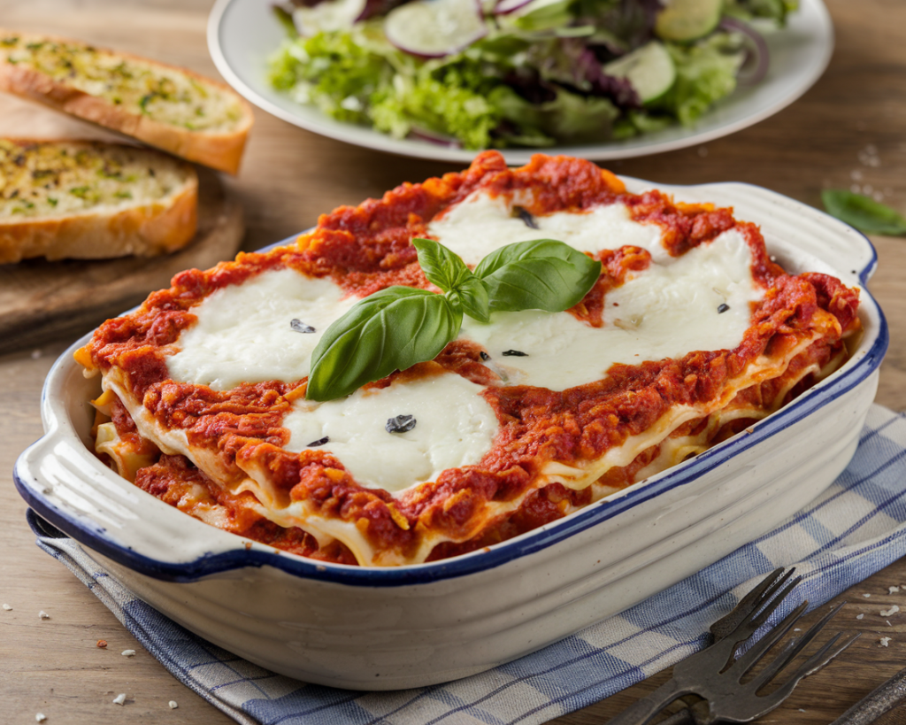 Golden-baked cottage cheese lasagna topped with melted mozzarella and basil, served in a rustic dish with garlic bread and salad.