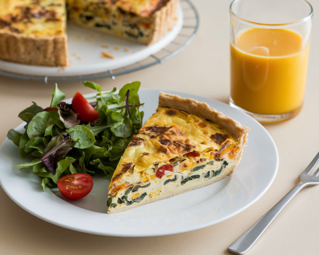 A plated slice of tortilla quiche paired with a fresh green salad and a glass of orange juice.