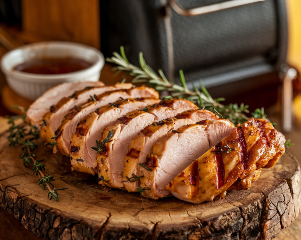 Whole smoked chicken breasts served on a white plate, garnished with thyme, with light smoke effects in the background