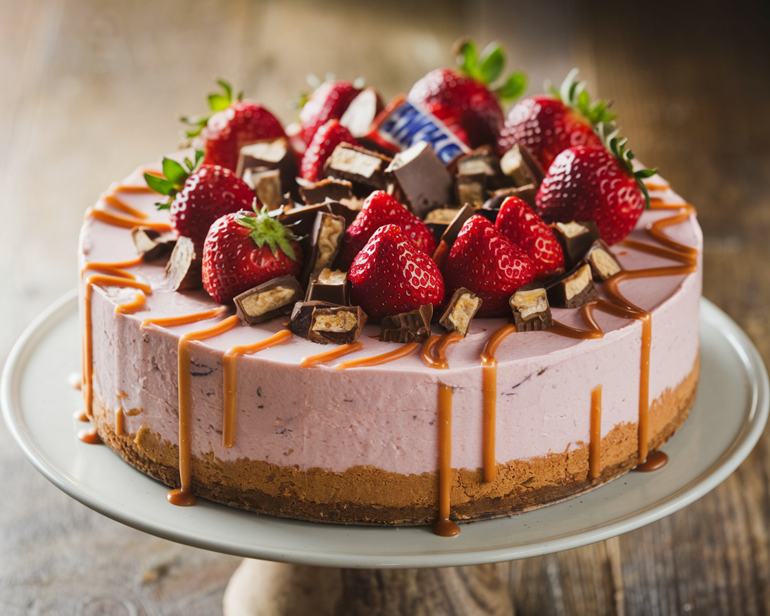 Snickers strawberry cheesecake topped with fresh strawberries, chopped Snickers, and caramel drizzle on a rustic cake stand.