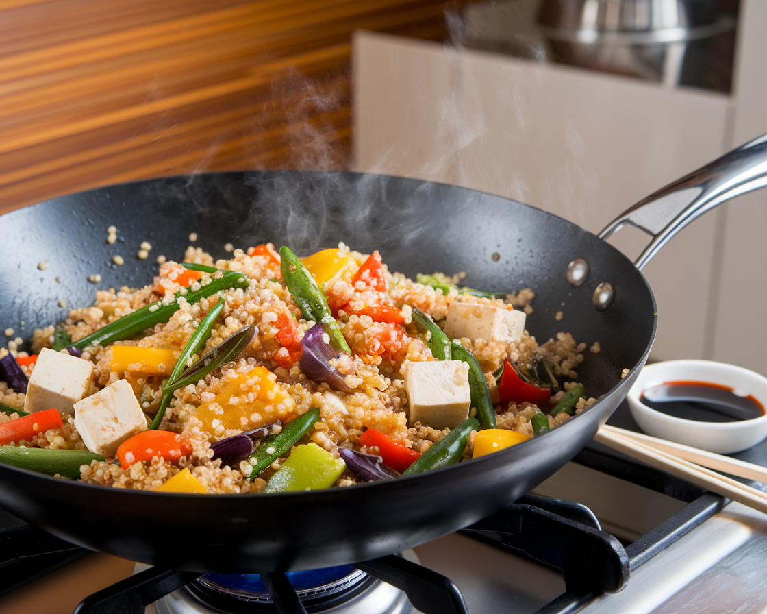 Spicy Quinoa Rice Stir-Fry A quinoa rice stir-fry with vegetables and tofu in a wok.