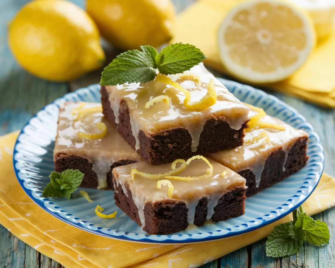 A stack of lemon brownies on a white plate with one piece showing a bite, revealing the moist texture