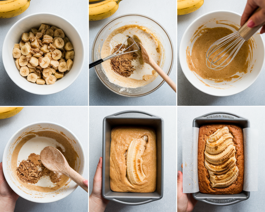 Step-by-step preparation of banana bread with Chobani yogurt.