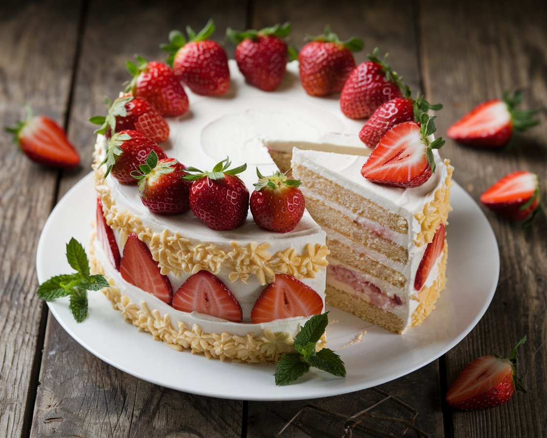 Delicious strawberry cake with fresh strawberries and mint, showcasing its moist layers and creamy frosting.