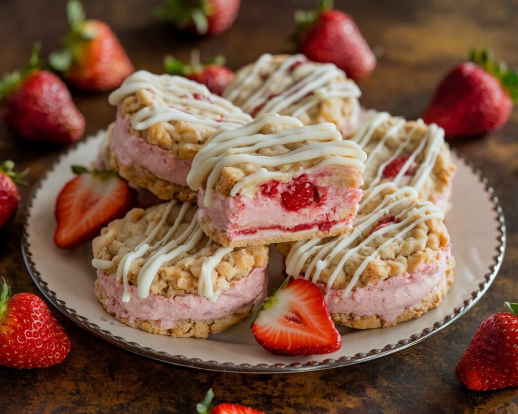 Delicious strawberry cheesecake cookies on a plate, drizzled with white chocolate and surrounded by fresh strawberries