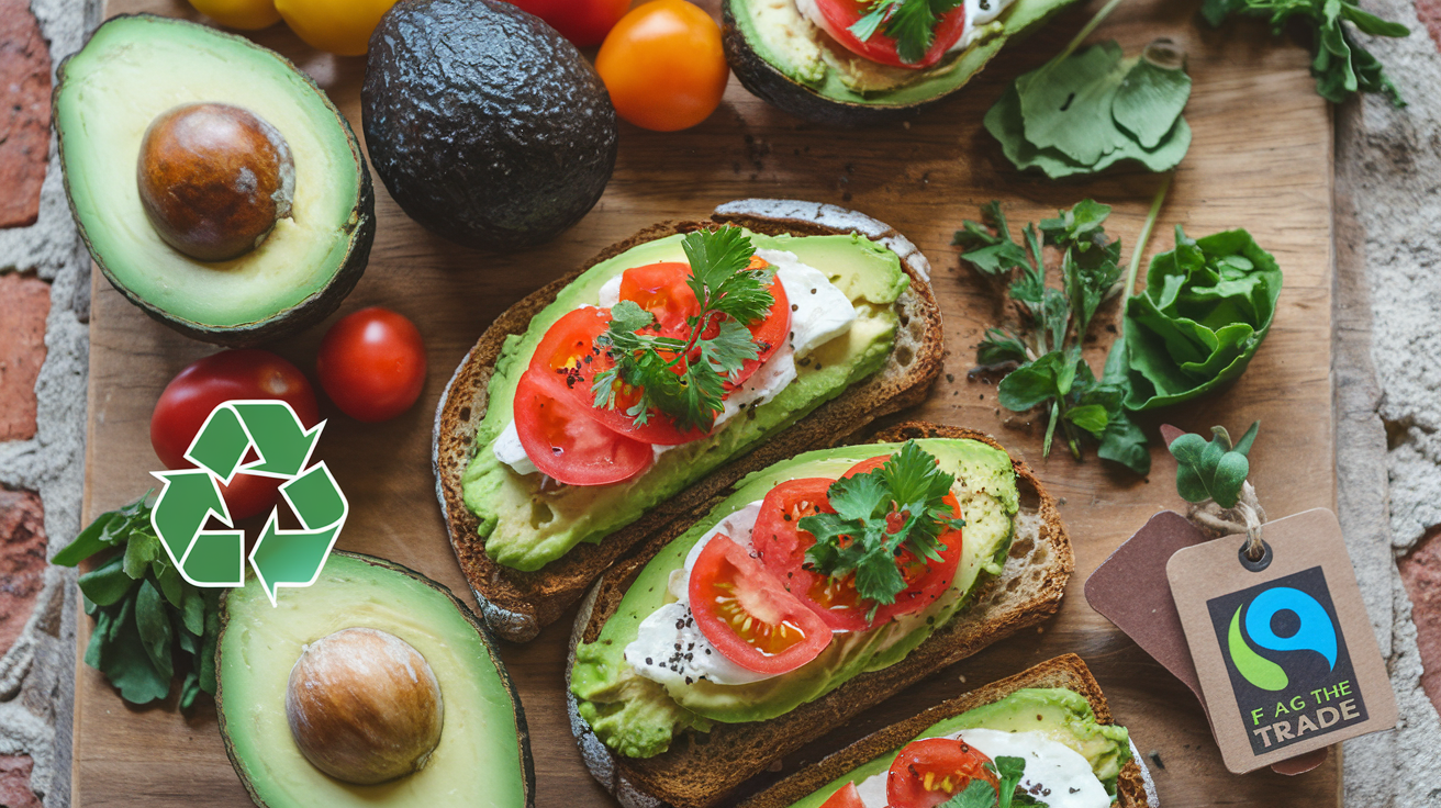 Sustainable Ingredients for Avocado and Guacamole Toast Avocado, toast, and fresh toppings with sustainability icons like recycling and Fair Trade.