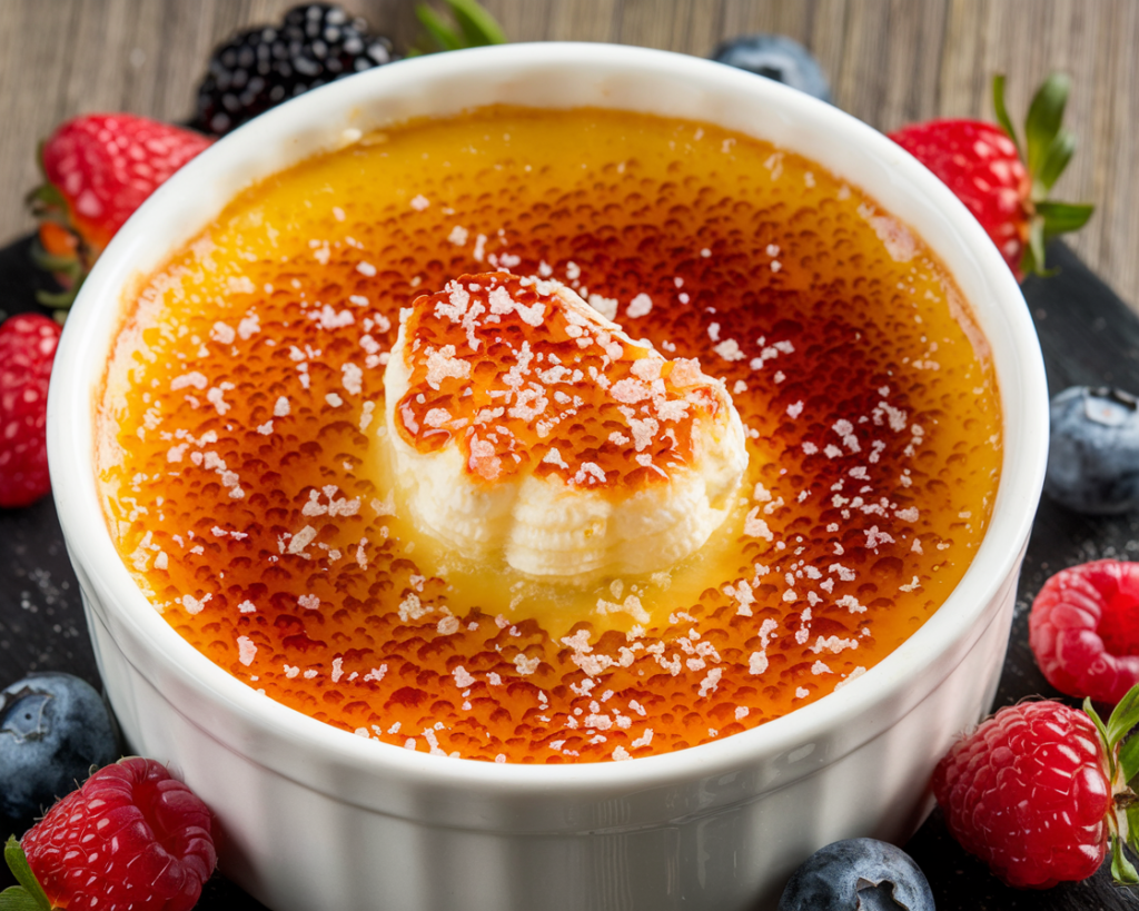 Close-up of a crème brûlée in a white ramekin with caramelized sugar crust, perfect for dessert lovers.