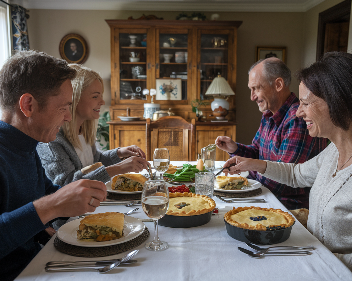 The Shared Joy of Cottage Pie and Shepherd’s Pie A family enjoying cottage and shepherd’s pies at a cozy dinner table.