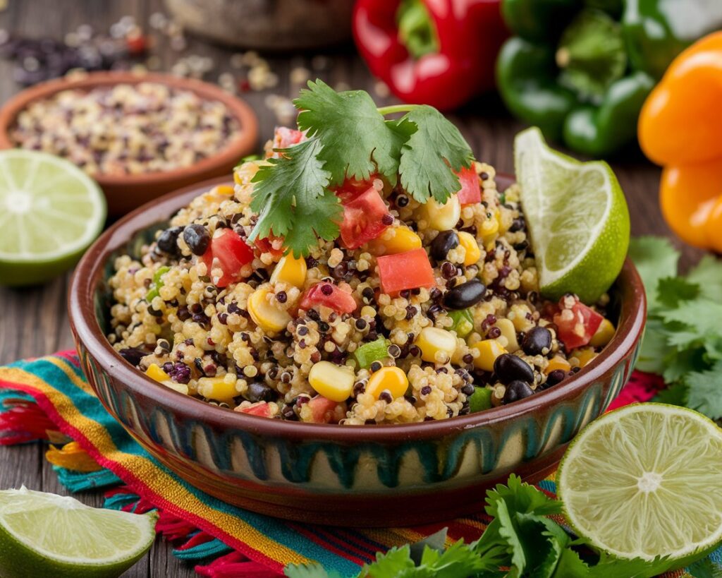 A colorful Mexican quinoa salad in a rustic bowl, topped with lime wedges, cilantro, and fresh vegetables.