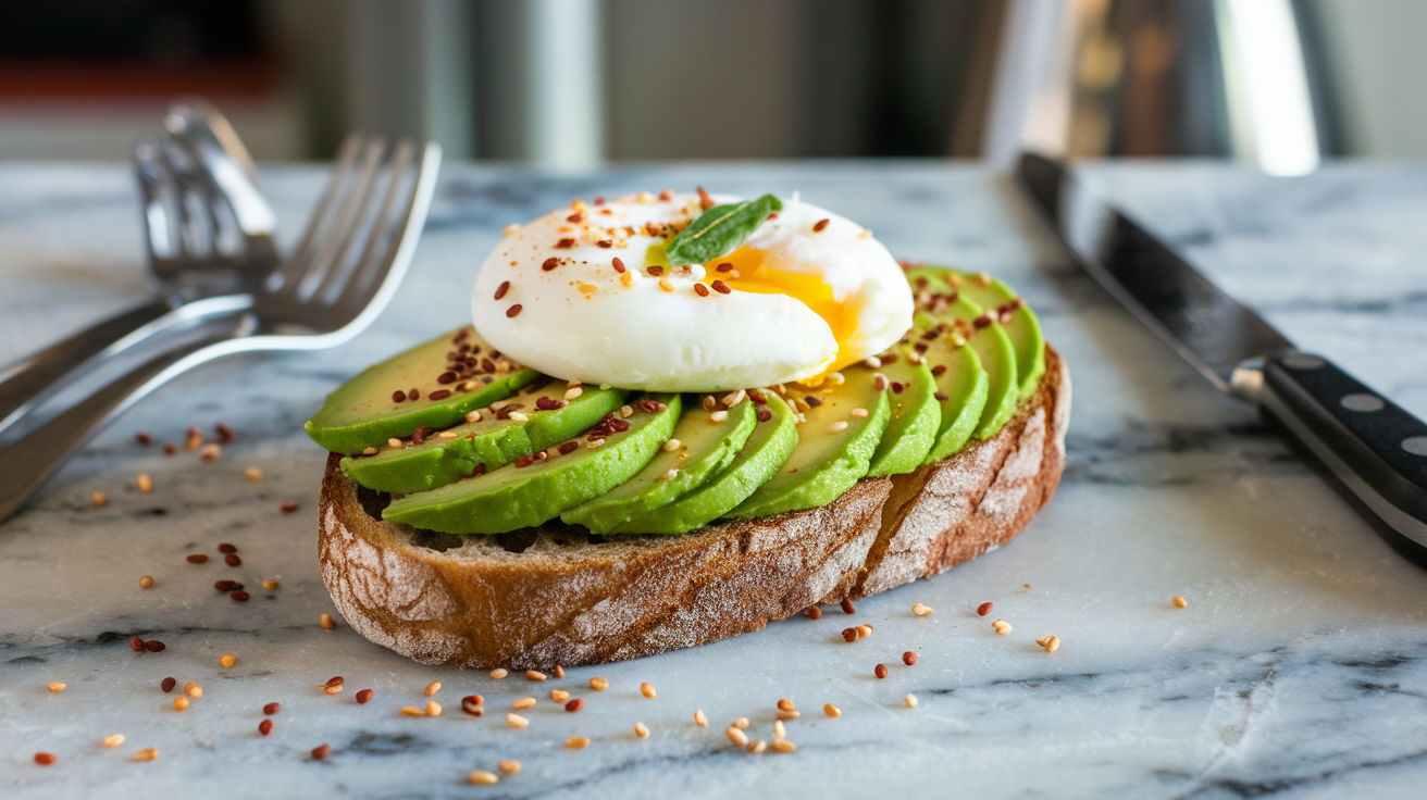 The Ultimate Avocado Toast Sourdough toast with fanned avocado slices and a poached egg.