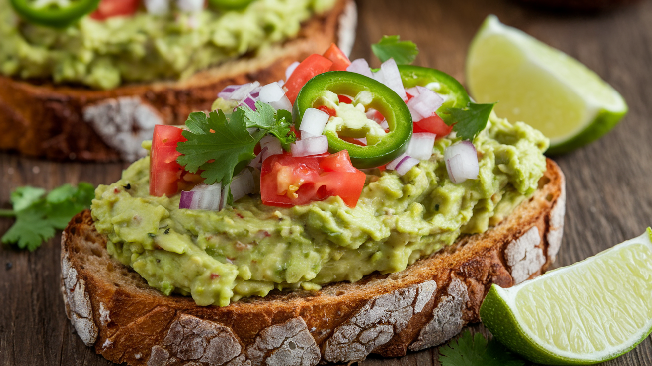 Vibrant Guacamole Toast Toast with creamy guacamole and fresh toppings.