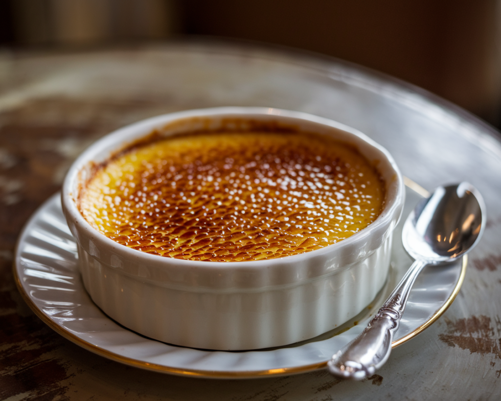 A close-up of crème brûlée with a caramelized sugar crust and custard interior, served in a French café setting.
