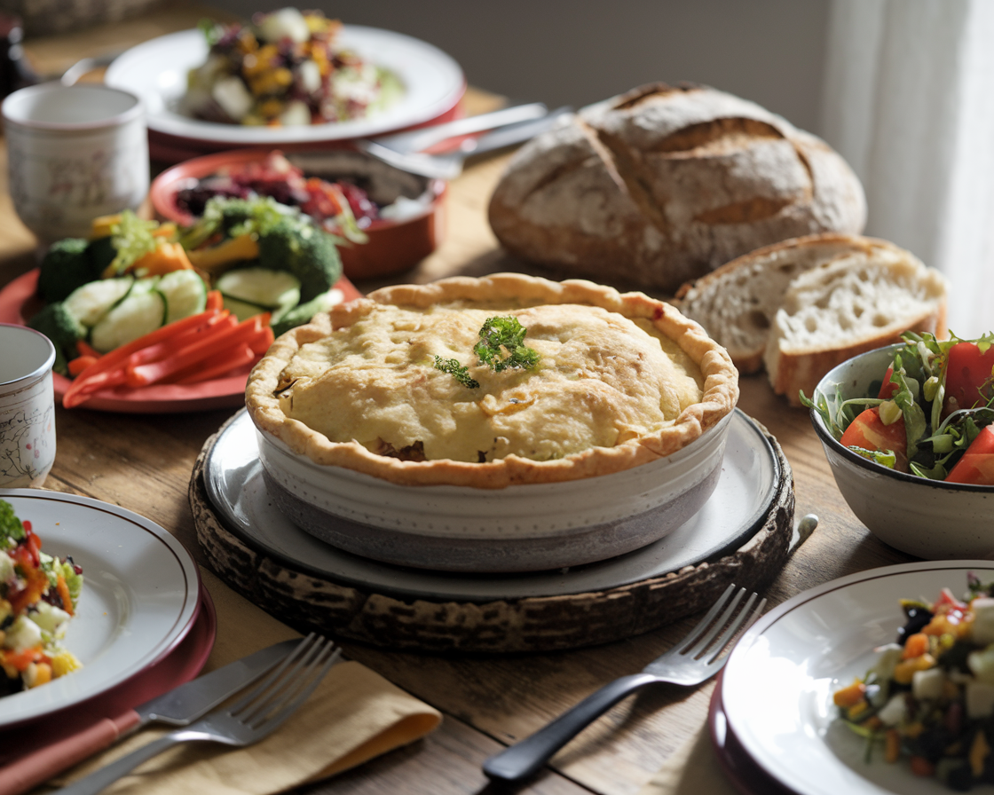 Shepherd’s pie served with side dishes like vegetables, salad, and bread on a rustic dinner table