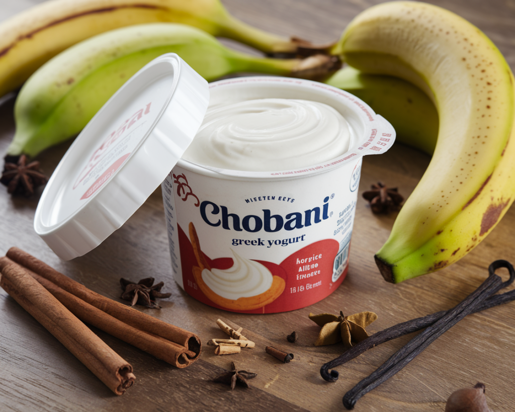 A freshly baked banana bread with Chobani yogurt and ripe bananas on a wooden kitchen counter.