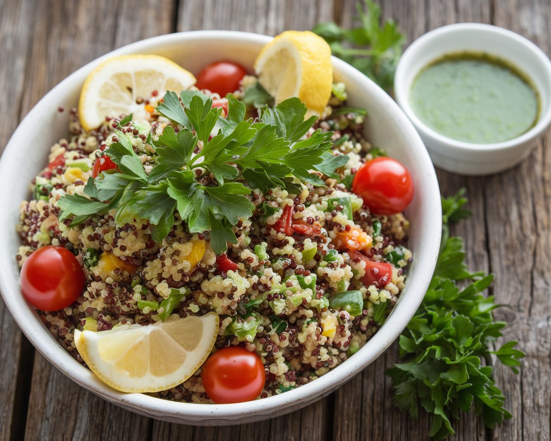 Zesty Quinoa Tri-Color Salad Recipe A vibrant quinoa tri-color salad served with fresh parsley and lemon herb dressing.