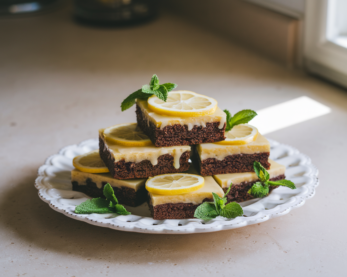 Golden lemon brownies topped with lemon glaze, surrounded by fresh lemons and powdered sugar on a rustic wooden table