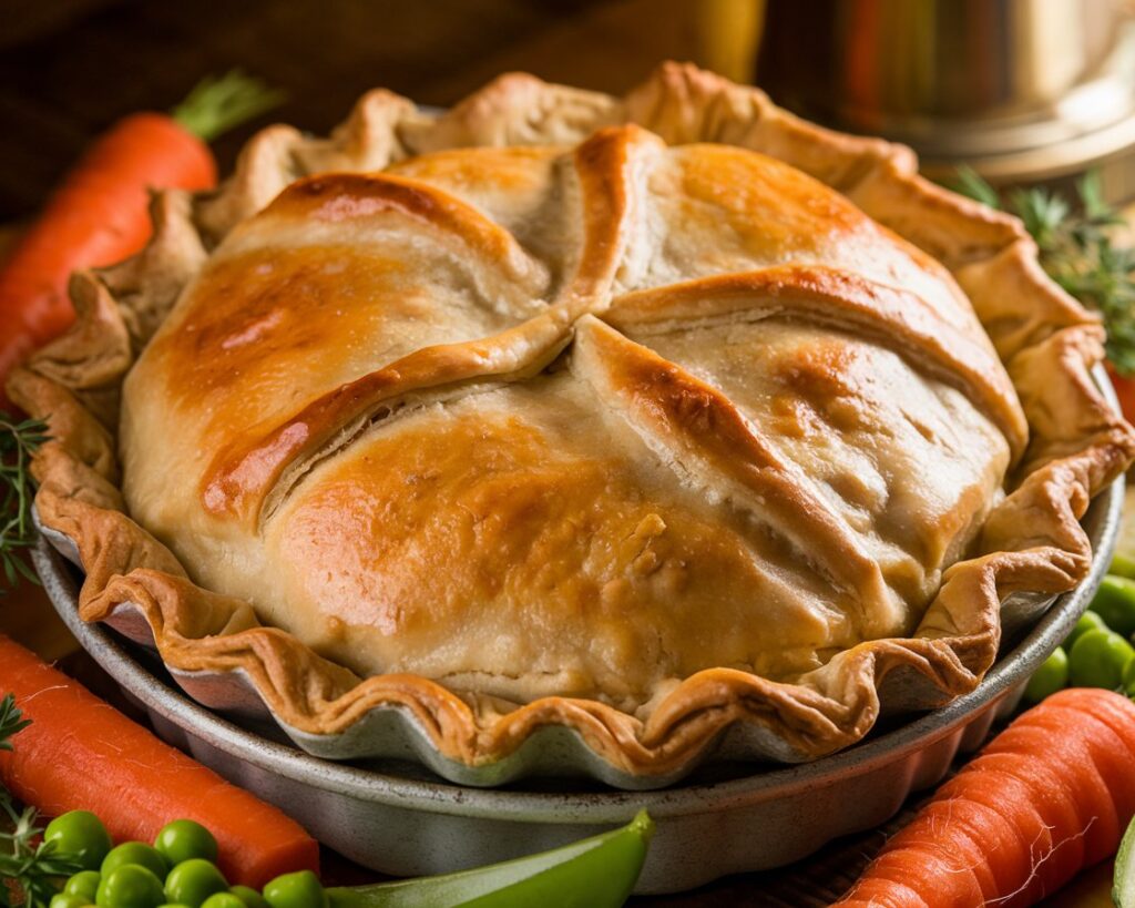 Chicken pot pie with a golden crust steaming on a wooden table, ready to serve with utensils nearby.