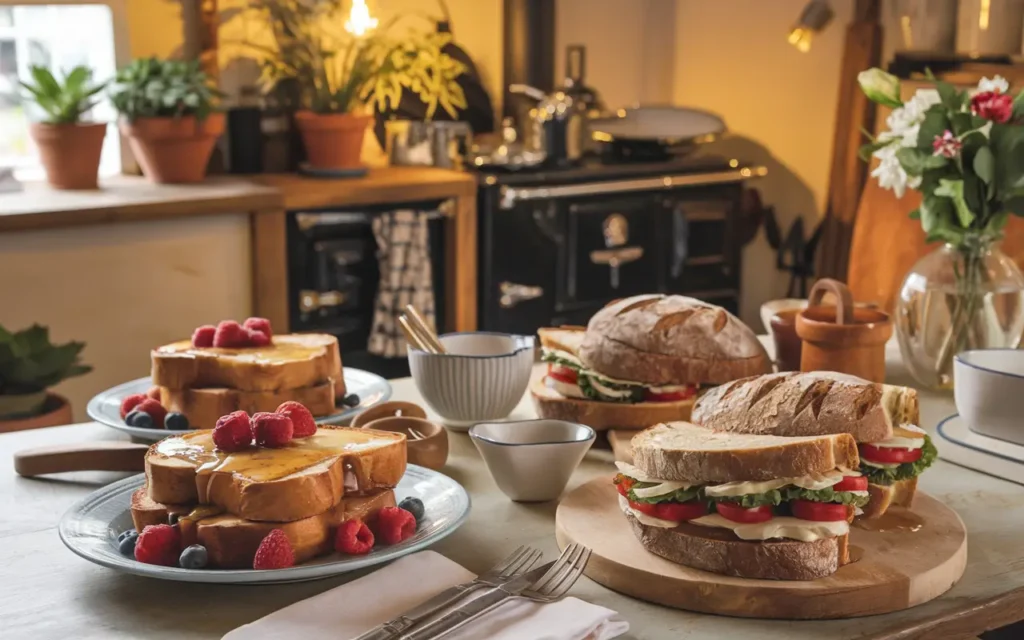 French toast from brioche and hearty sandwiches made with rustic bread on a breakfast table.