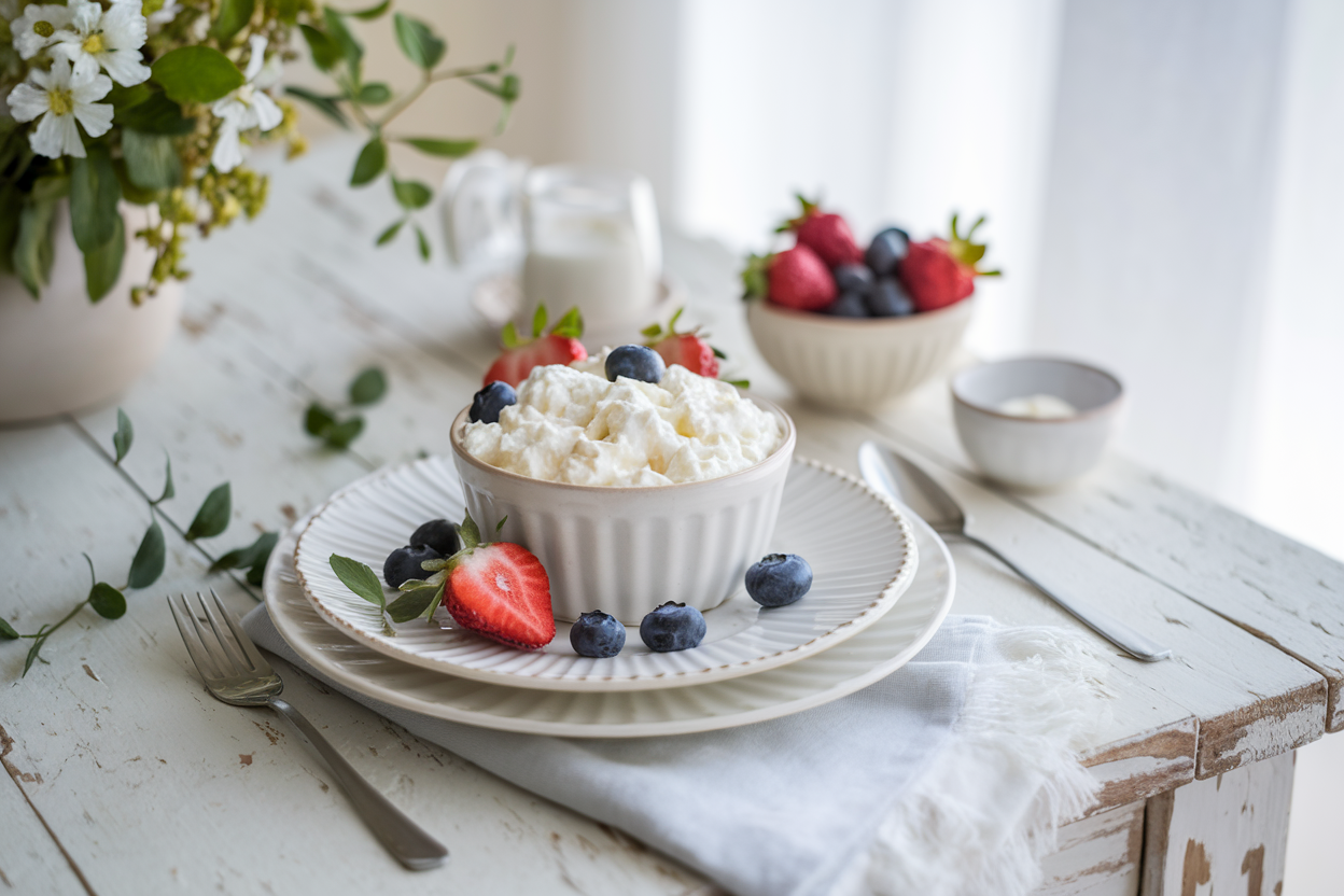 Bowl of creamy cottage cheese with fresh strawberries and blueberries on a rustic wooden breakfast table.