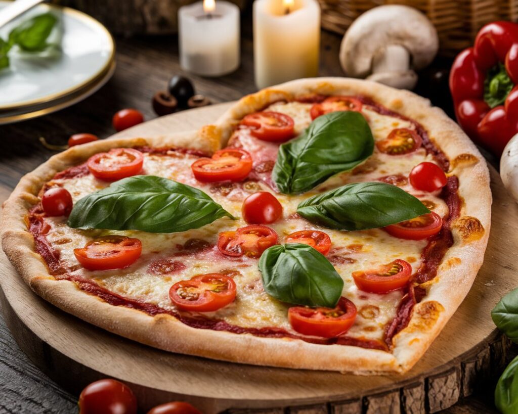 Heart-shaped pizza pie with colorful toppings, perfect for celebrations.