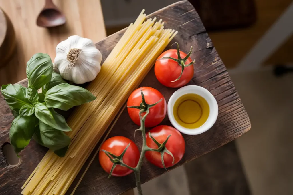 Fresh pasta, tomatoes, garlic, olive oil, and basil on a wooden cutting board, ready for cooking.
