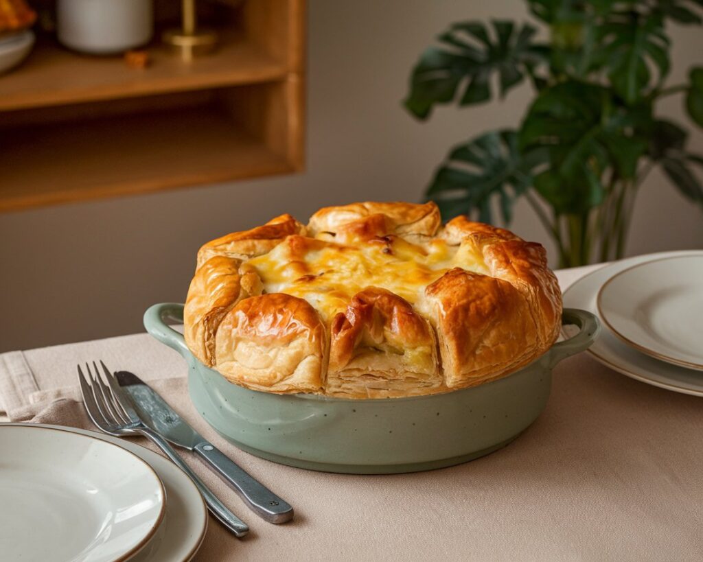Golden chicken pot pie casserole topped with a flaky crust, surrounded by fresh vegetables, in a rustic kitchen setting