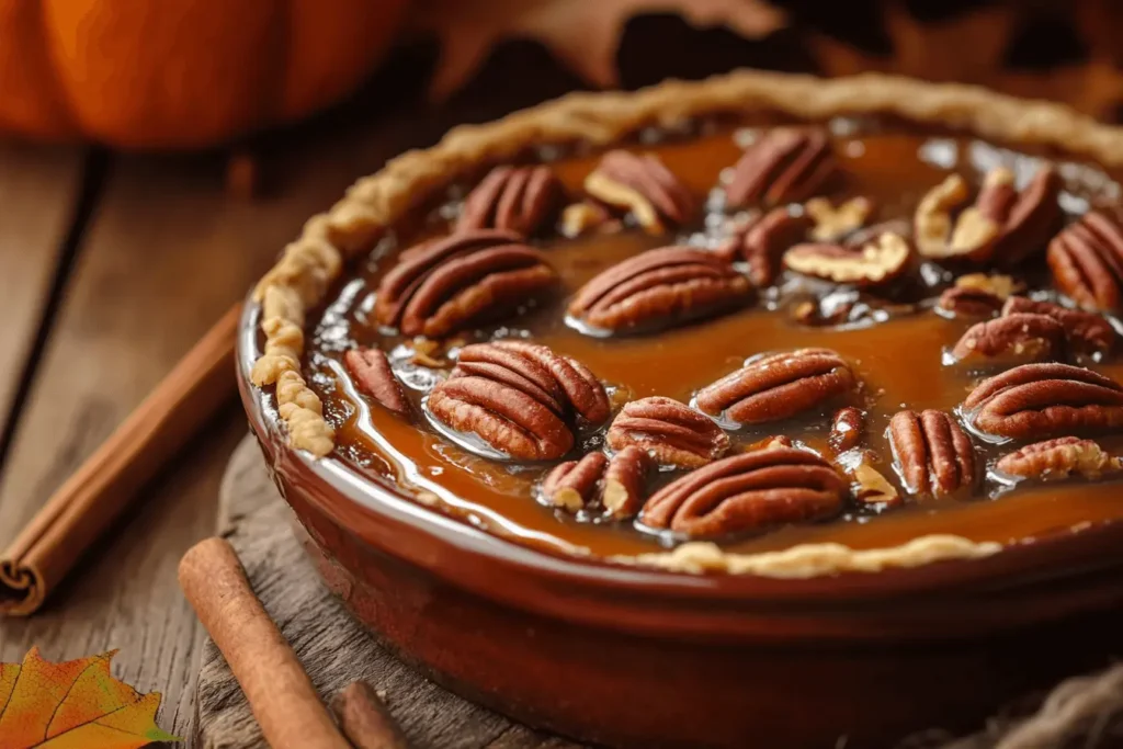Rustic pecan pie cobbler with golden crust, caramel syrup, and pecans in a cozy autumn setting.