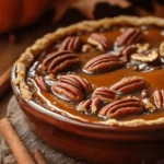 Rustic pecan pie cobbler with golden crust, caramel syrup, and pecans in a cozy autumn setting.