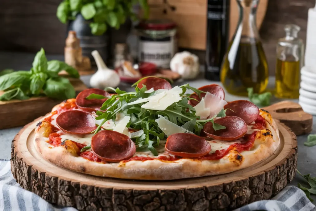 Gourmet pepperoni pizza on a rustic wooden board topped with artisan pepperoni, arugula, and Parmesan.