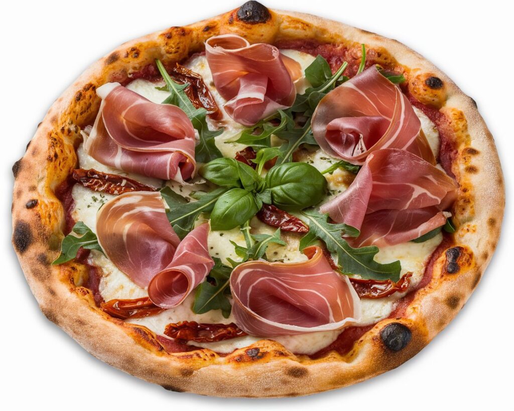 Gourmet supreme pizza with unique toppings like prosciutto, arugula, sun-dried tomatoes, and goat cheese.