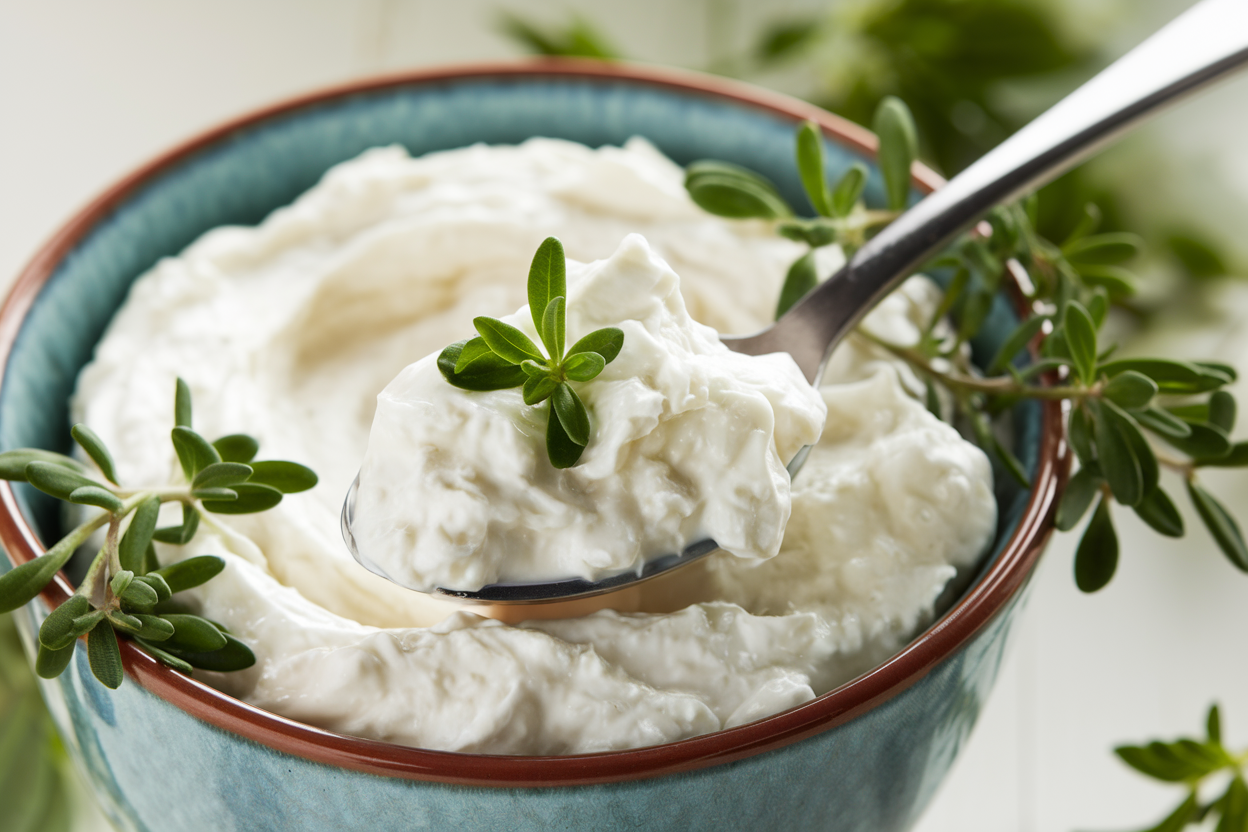 Bowl of creamy cottage cheese surrounded by fresh fruits, nuts, and a glass of milk on a wooden table.