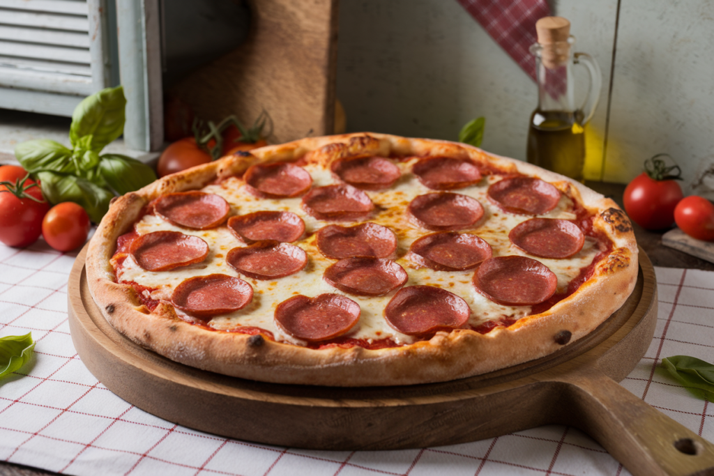 Homemade pepperoni pizza with crispy pepperoni, melted mozzarella, and a golden crust on a wooden board.